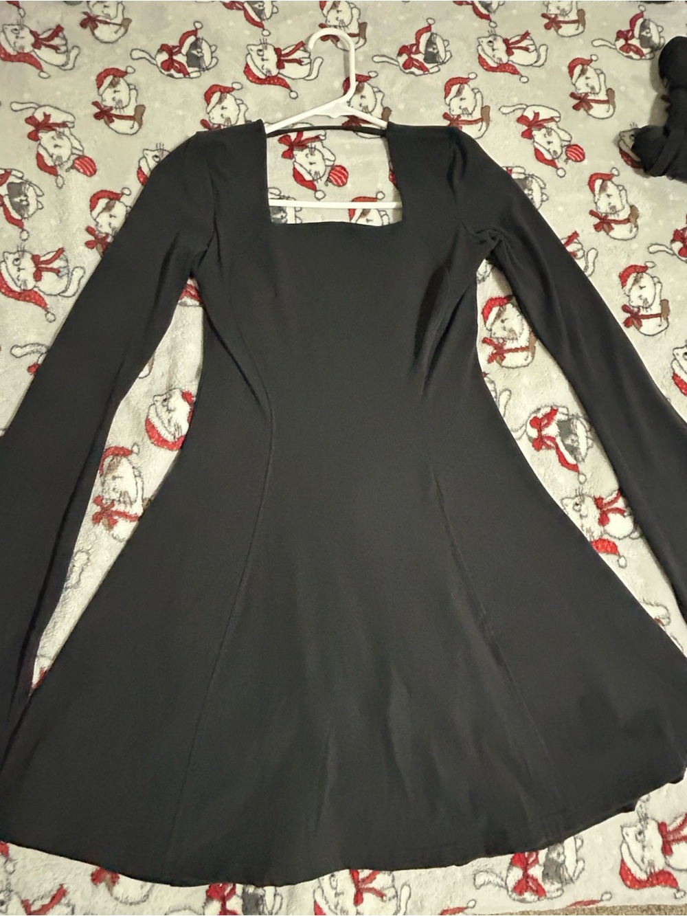 Black Long-Sleeve Square Neck Skater Dress w/ shorts under